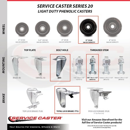 Service Caster 5 Inch SS Phenolic Swivel 3/8 Inch Threaded Stem Caster Set Total Lock Brake SCC SCC-SSTSTTL20S514-PHS-381615-4